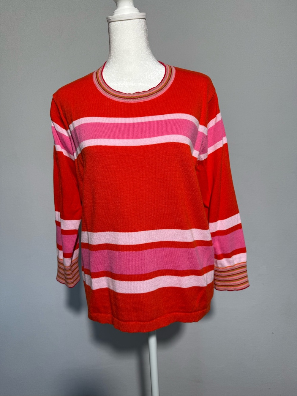 CAbi Red, Pink & Light Pink Striped Crewneck Sweater